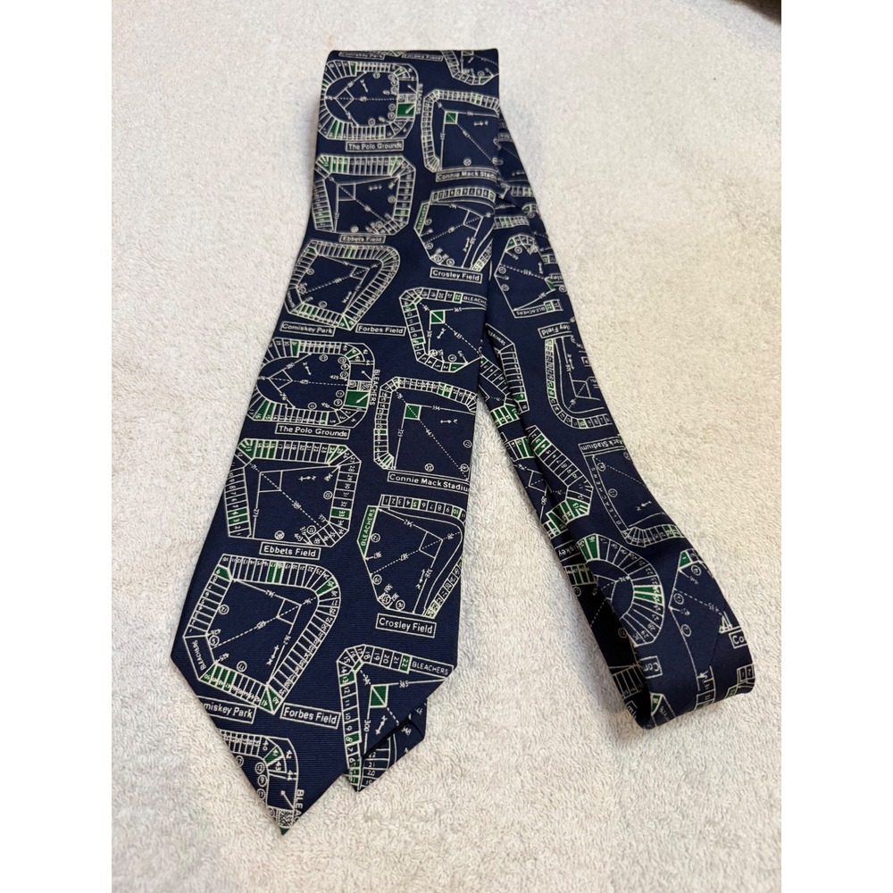 Josh Bach Mens Silk Tie Historic Baseball Stadium Blueprints Navy Blue Hand Made